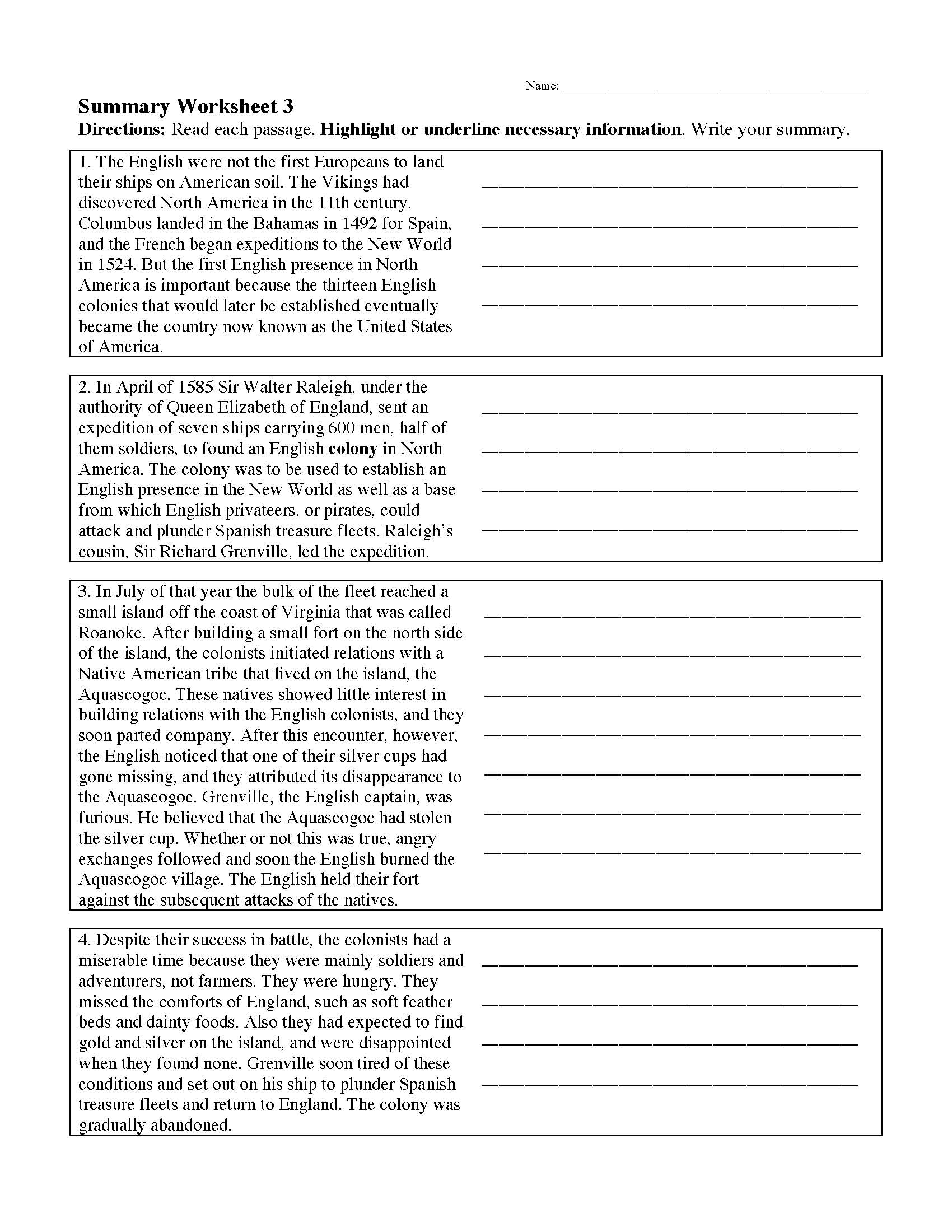 Summarizing Worksheets Activities Reading Comprehension