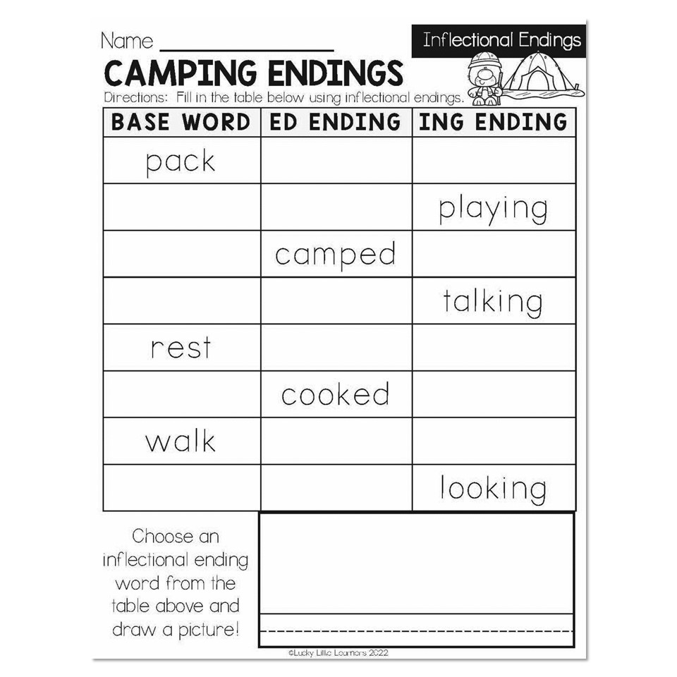 Summer Early Finishers 1st Grade ELA Inflectional Endings Camping Endings Worksheets Library