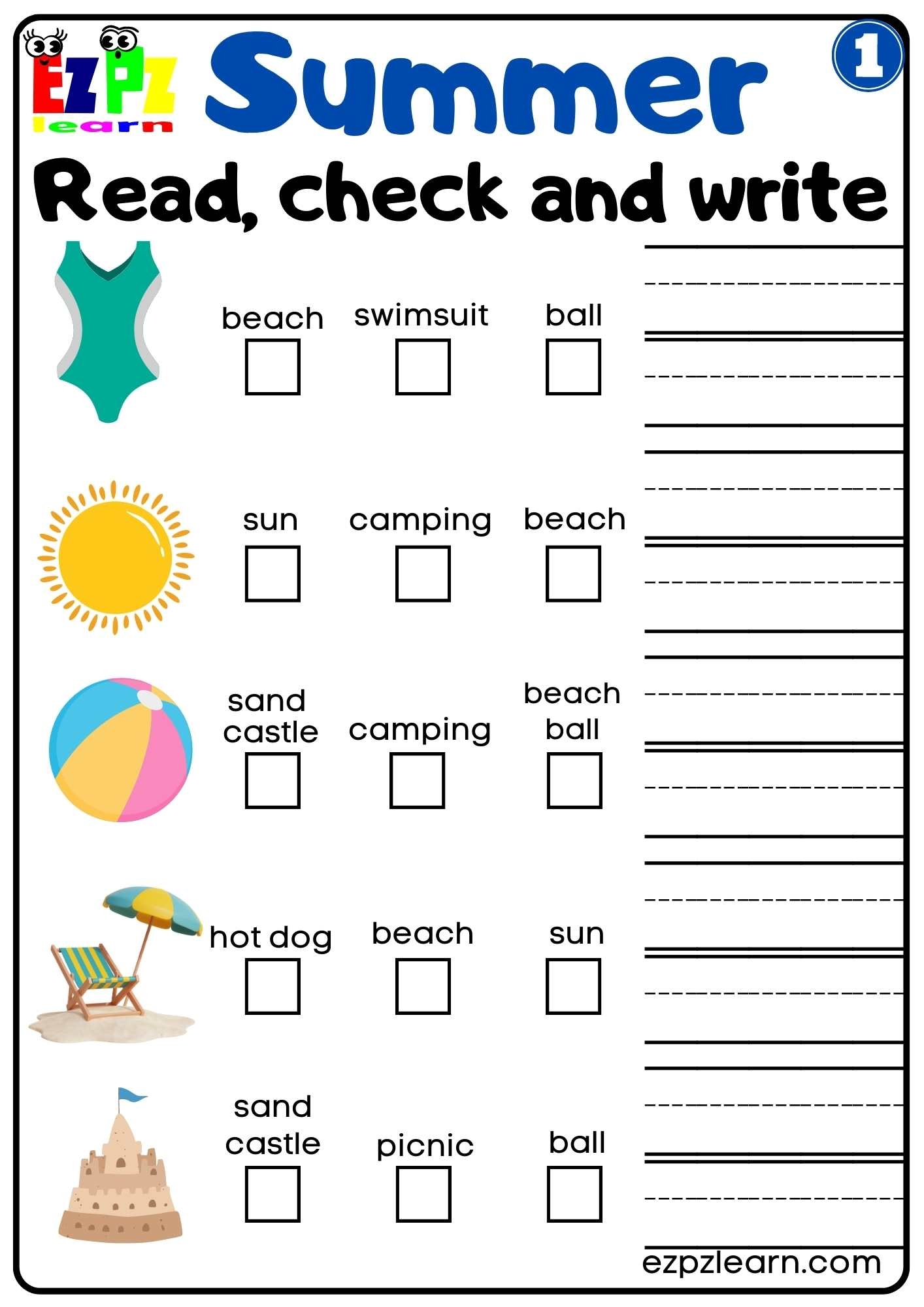 Summer Read Check And Write Activity For Kids Set 1 Ezpzlearn Summer Read Check And Write Activity For Kids Set 1 Ezpzlearn