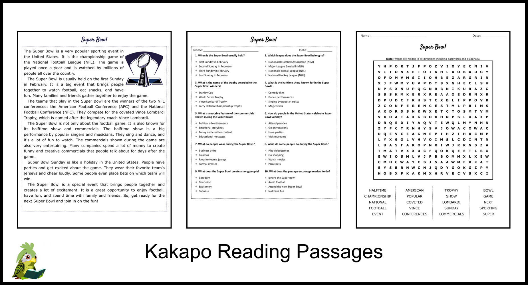 Super Bowl Reading Comprehension And Word Search Teaching Resources Super Bowl Reading Comprehension And Word Search Teaching Resources