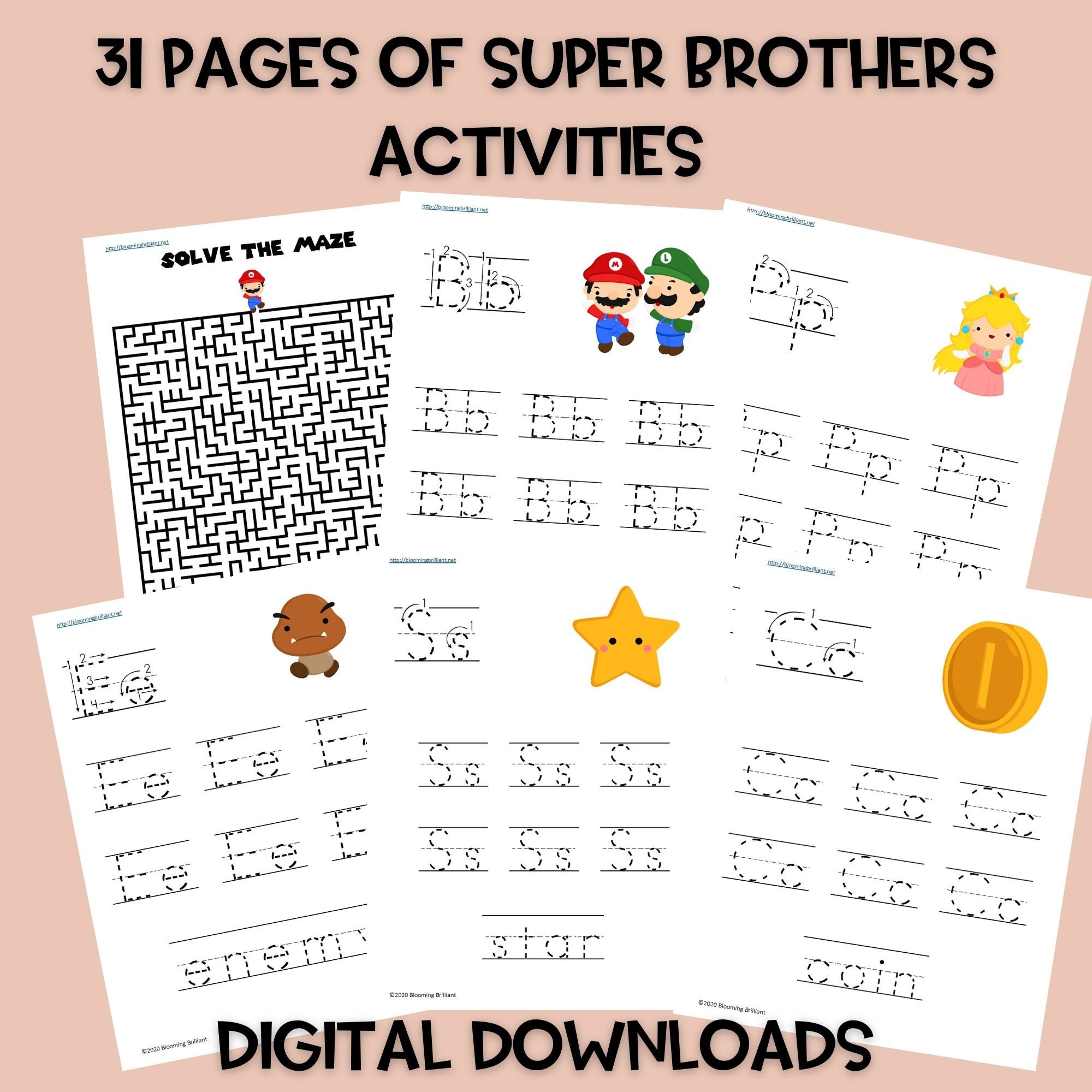 Super Brothers Activity Pack 31 Pages Of Fun And Learning For Young Super Mario Fans digital Product Etsy