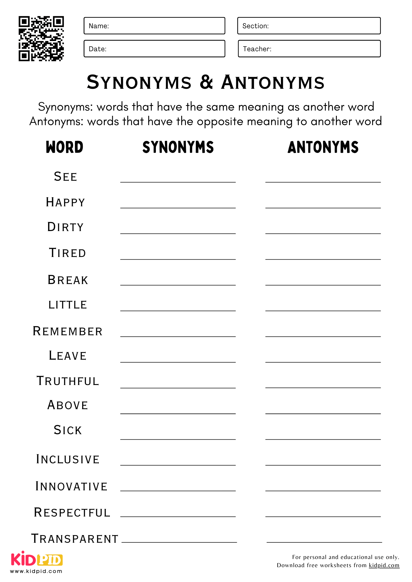 Printable Synonyms And Antonyms Worksheets