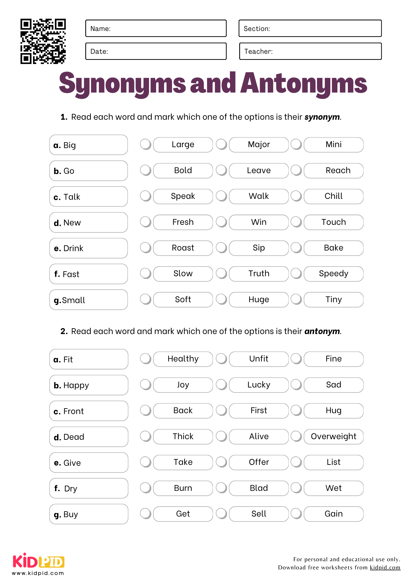 Synonyms And Antonyms Worksheet For Kindergarten Kidpid