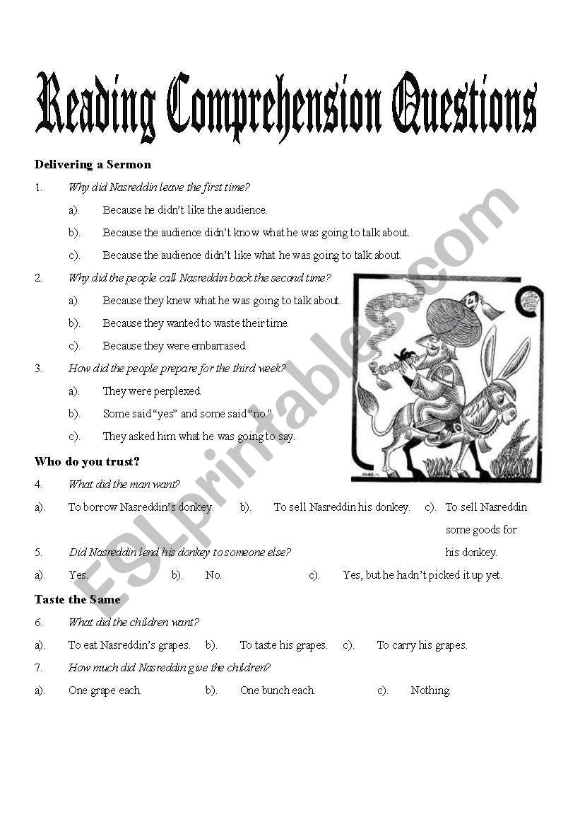 Tales Of Nasreddin Hodja Reading Comprehension 3pages ESL Worksheet By Tastybrain