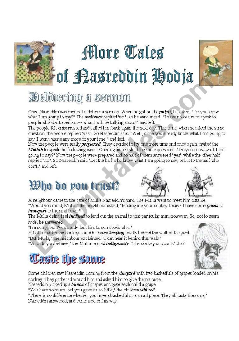 Tales Of Nasreddin Hodja Reading Comprehension 3pages ESL Worksheet By Tastybrain