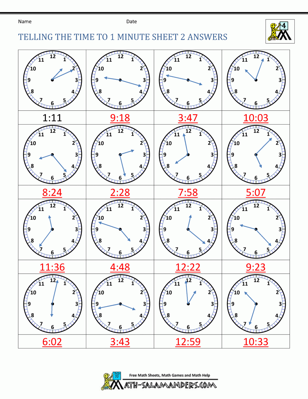 Telling Time Worksheets Grade 4 To The Nearest Minute