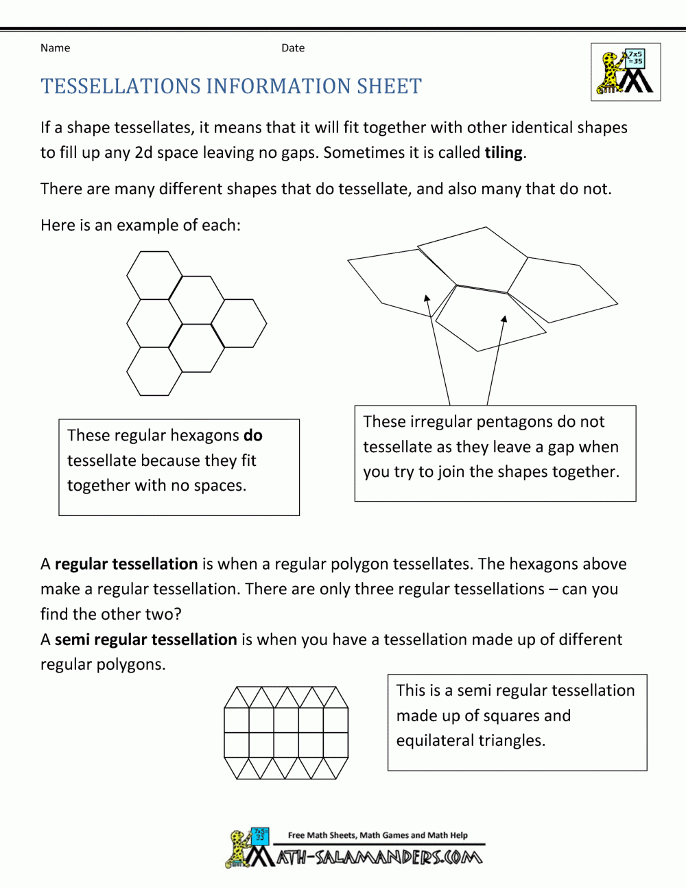 Tessellation Free Printable Worksheets