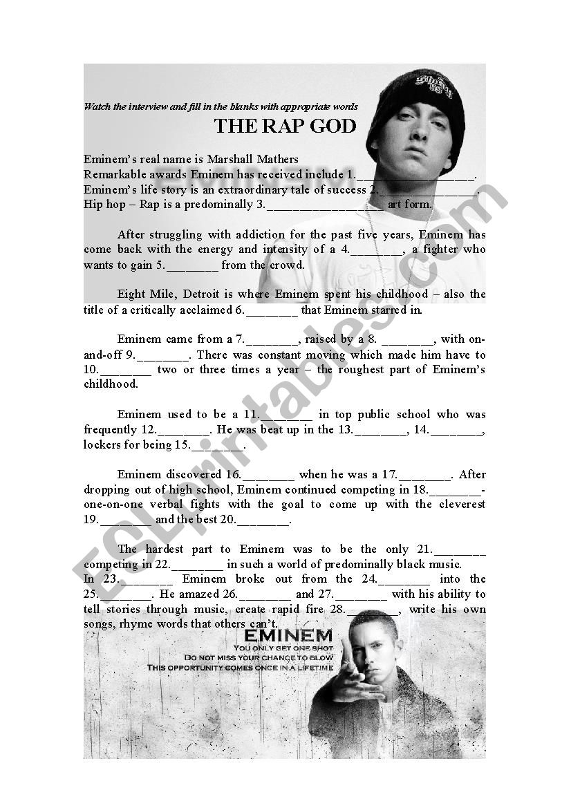 The Rap God ESL Worksheet By Veezio