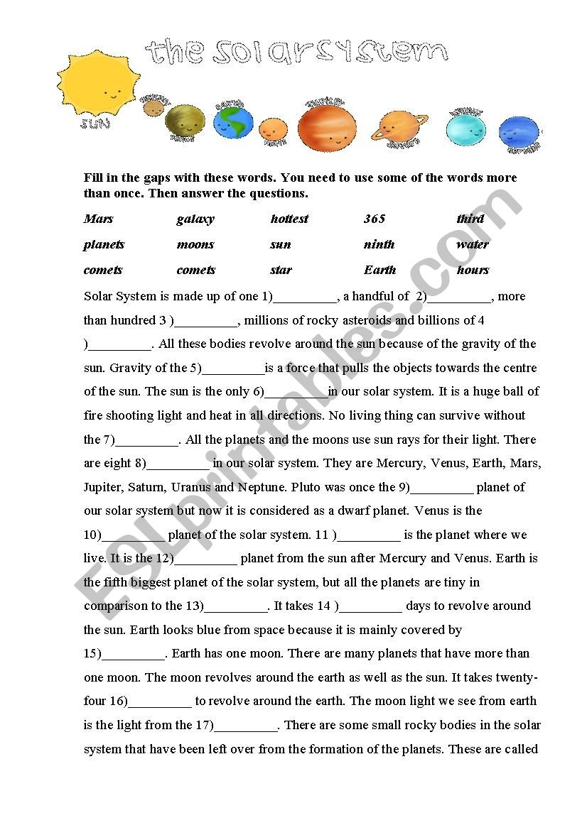 Reading Comprehension Solar System Worksheet