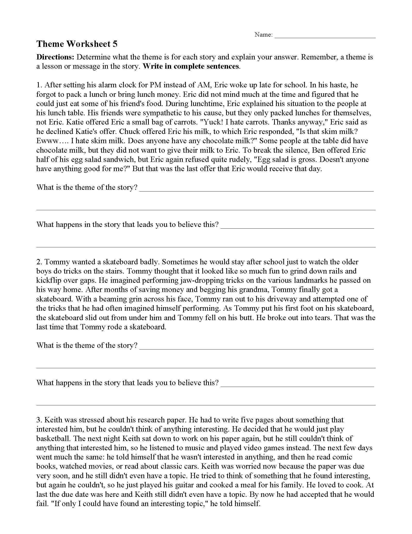 Theme Worksheet 5 Reading Activity Theme Worksheet 5 Reading Activity