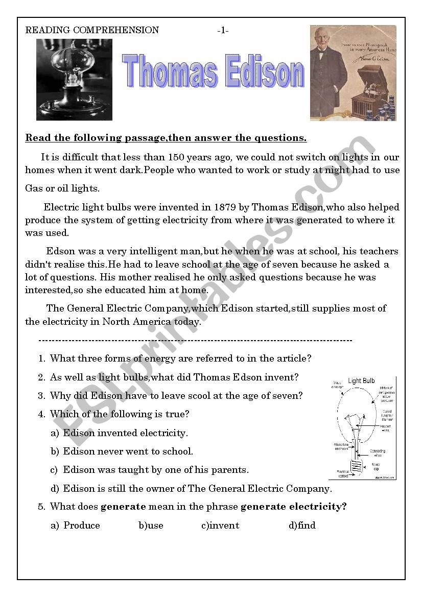 Printable Thomas Edison Worksheets