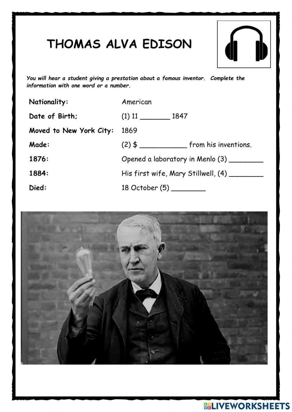 Thomas Edison Printable Worksheets
