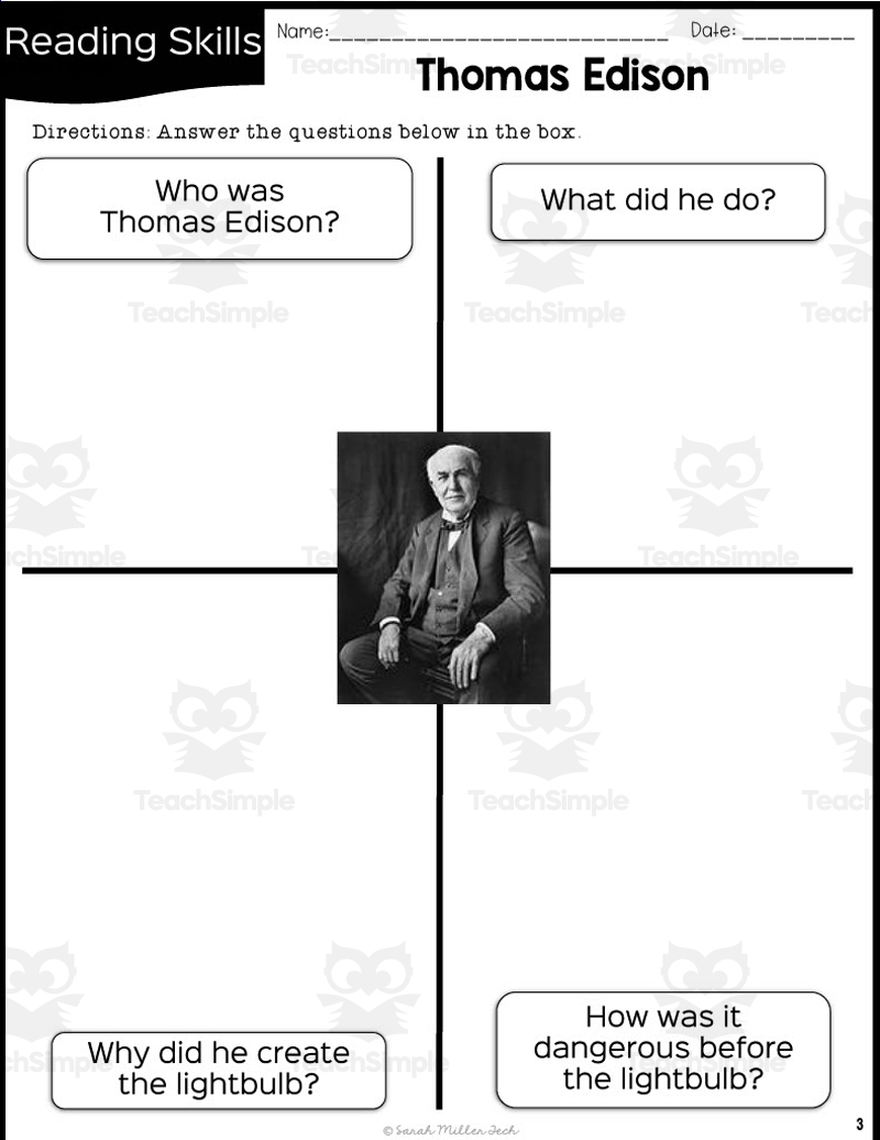 Thomas Edison Reading Packet By Teach Simple