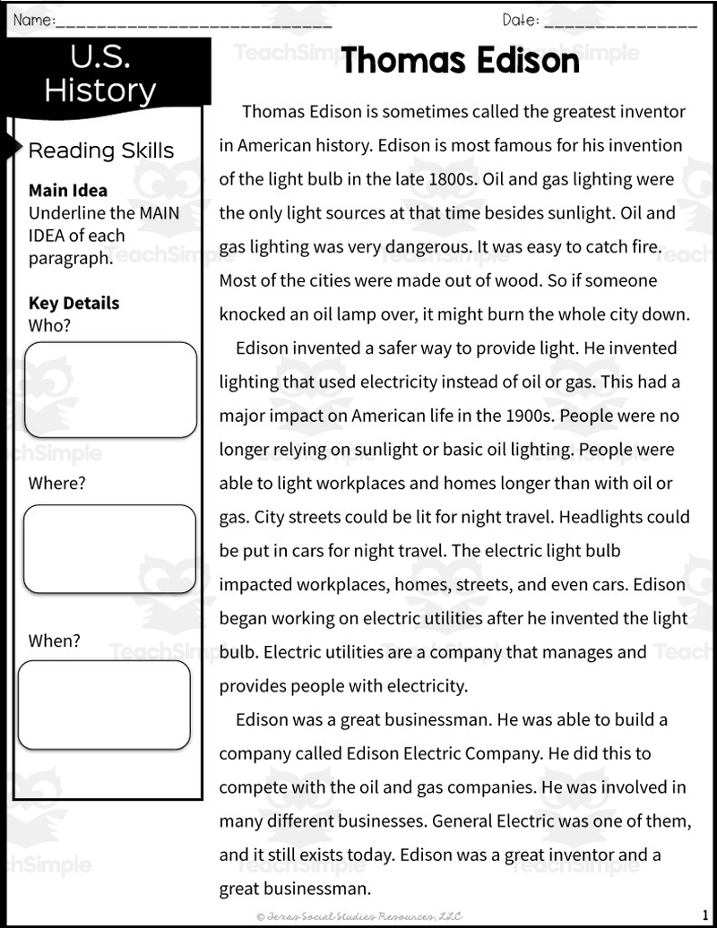 Thomas Edison Reading Packet Texas Social Studies By Teach Simple
