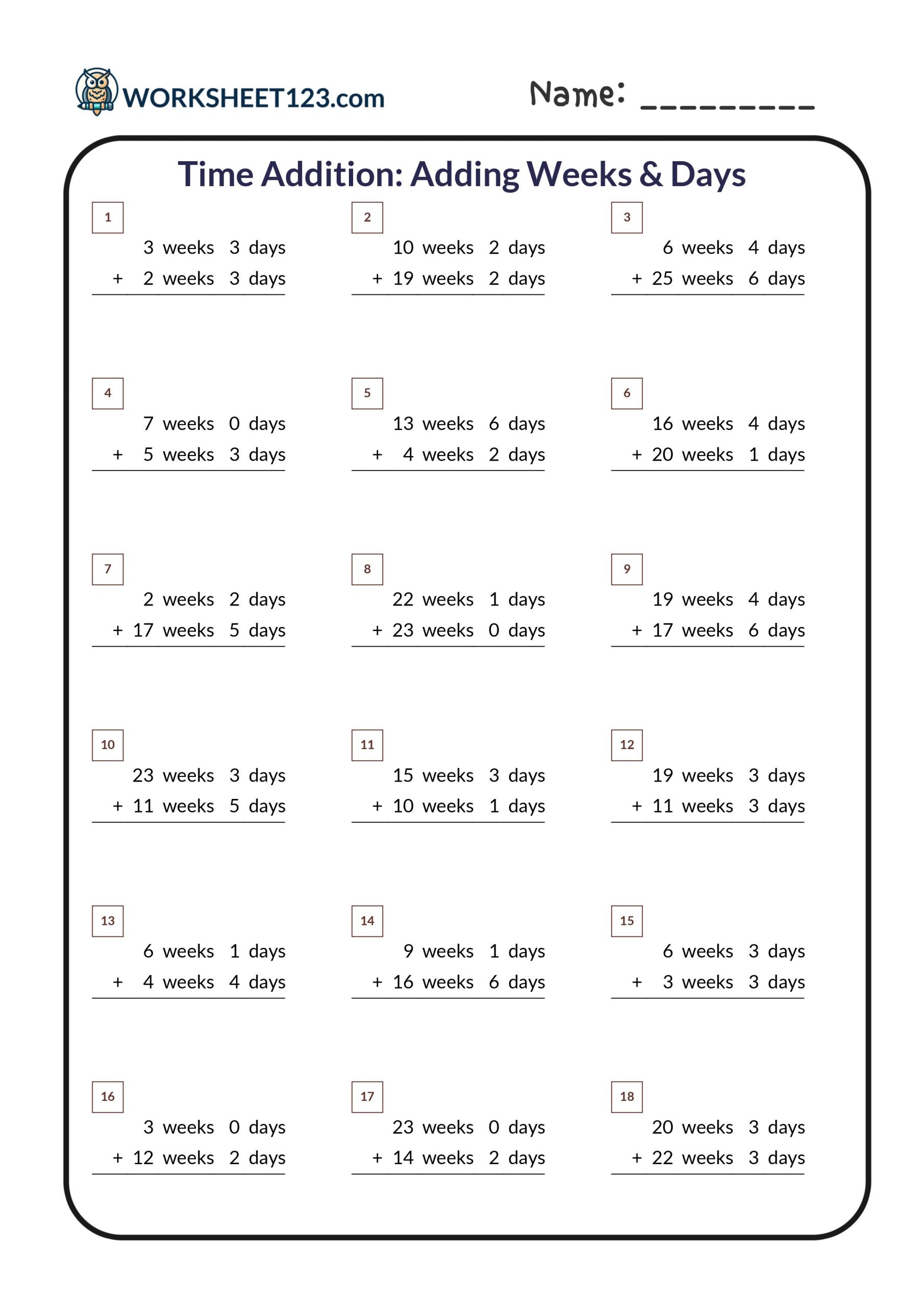 Time Addition Worksheet Weeks Days Hours Minutes Made By Teachers