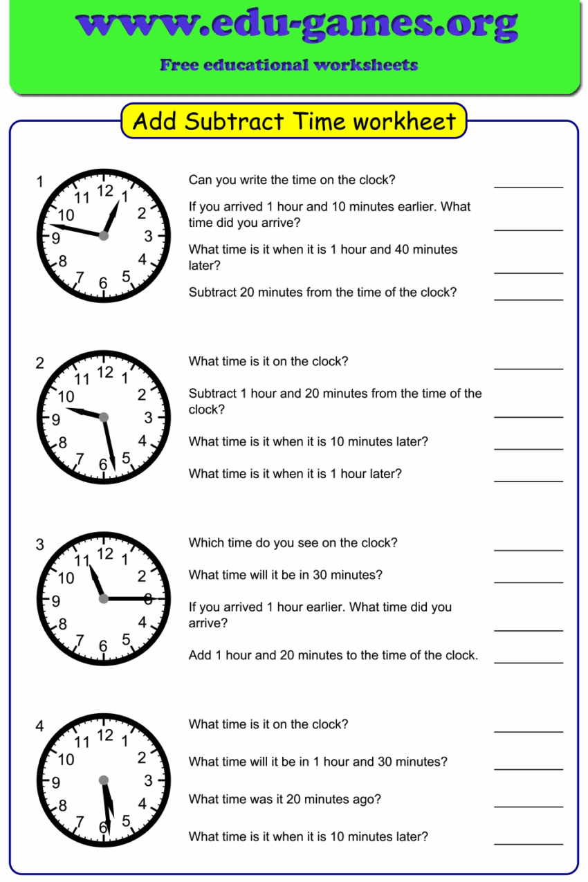 Time Calculations Add And Subtract Time Worksheets