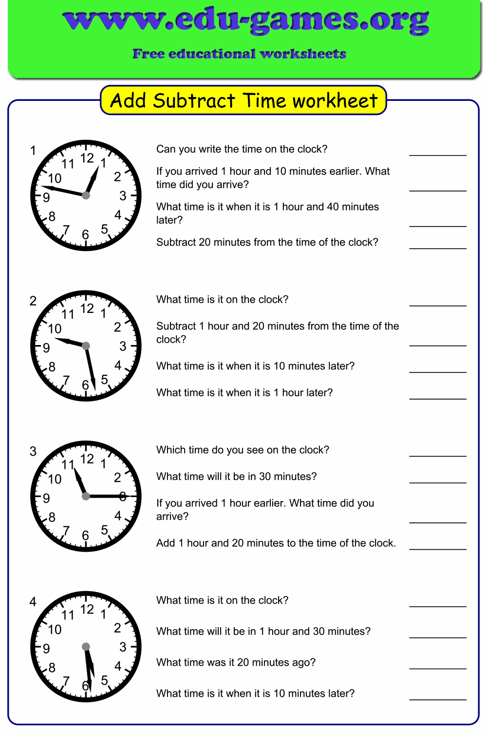 Time Calculations Add And Subtract Time Worksheets