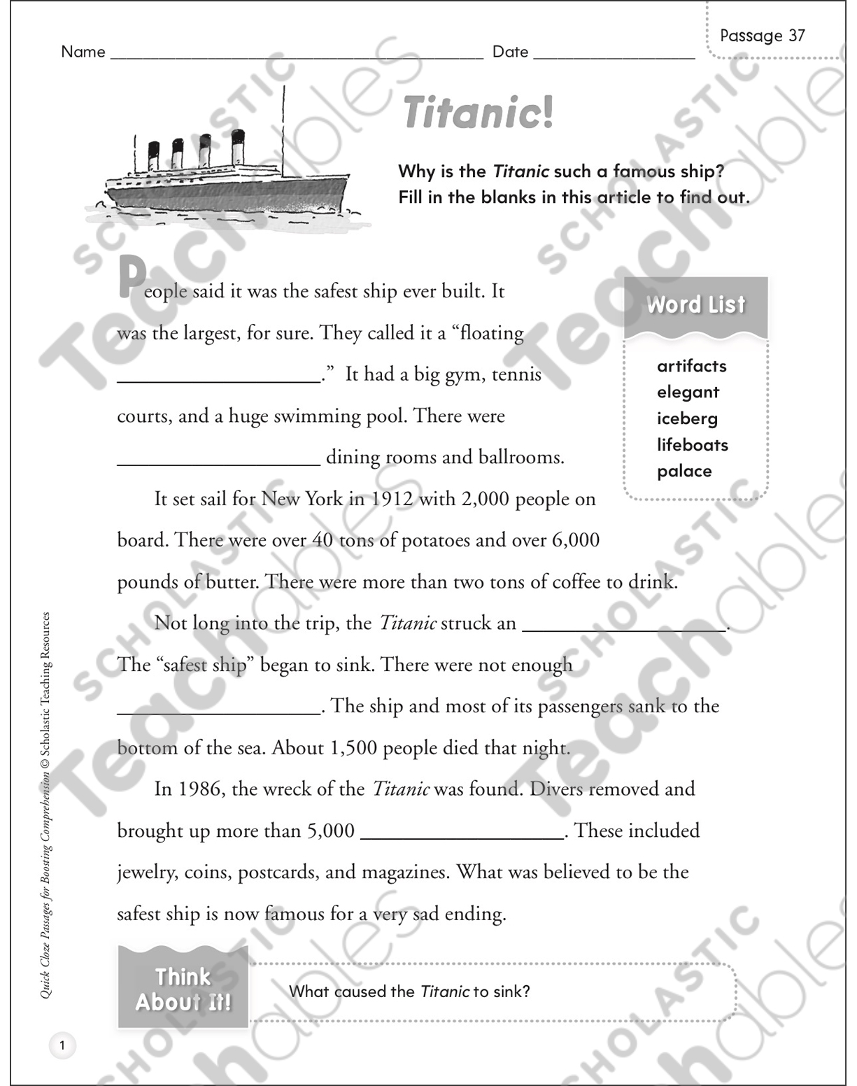 Titanic Quick Cloze Passage Printable Skills Sheets Lesson Plans And Ideas