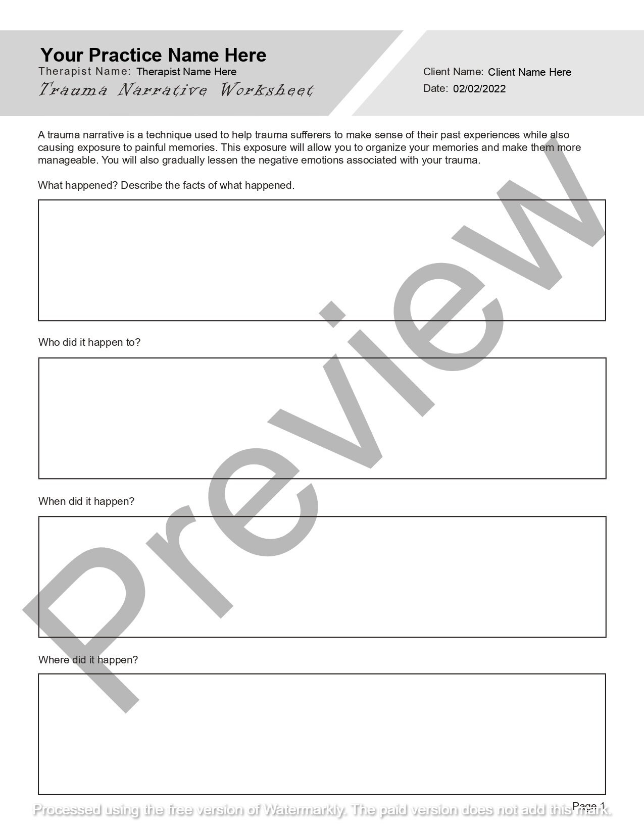 Printable Trauma Narrative Worksheet