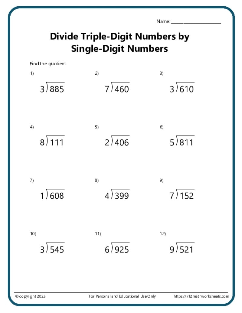Triple Digit Division K12 Math Worksheets