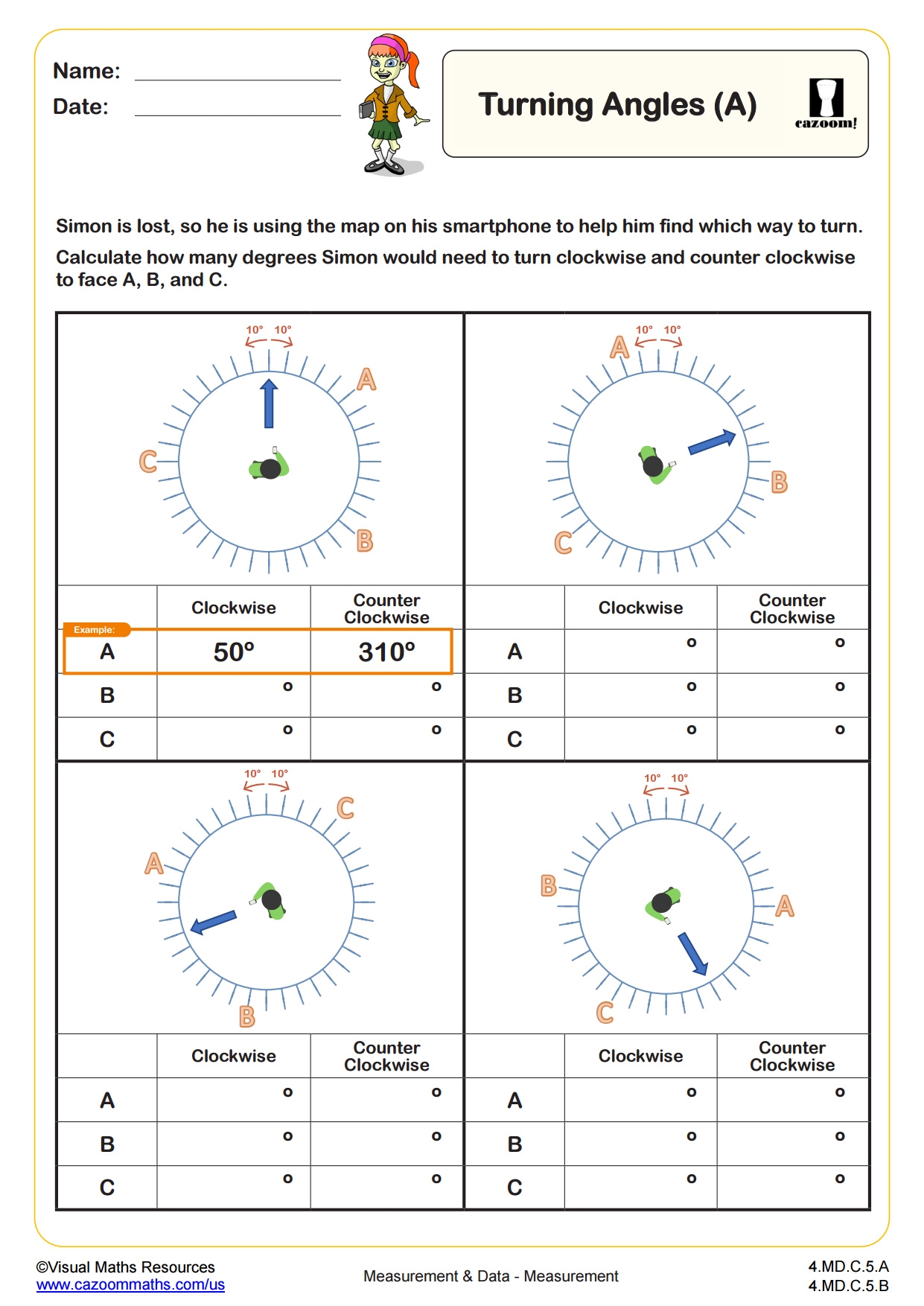 Turning Angles A PDF Printable Measurement And Data Worksheets Cazoom Math