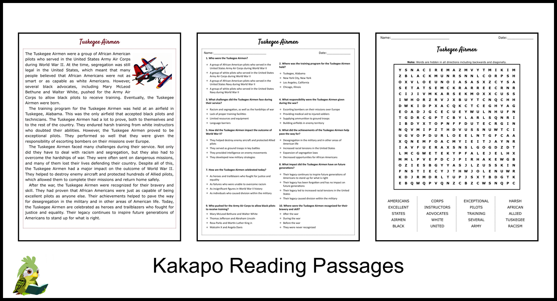 Tuskegee Airmen Reading Comprehension And Word Search Teaching Resources Tuskegee Airmen Reading Comprehension And Word Search Teaching Resources