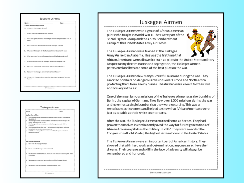 Tuskegee Airmen Reading Comprehension Passage Printable Worksheet Teaching Resources