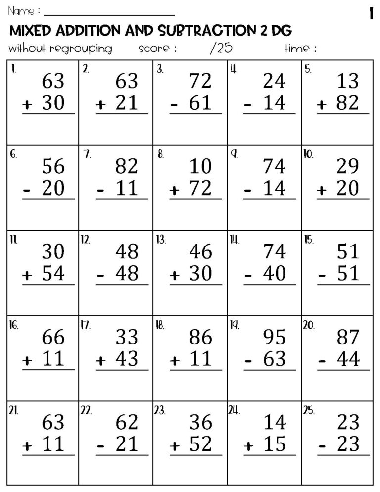 Two Digit Mixed Addition And Subtraction Without Regrouping Worksheets Library