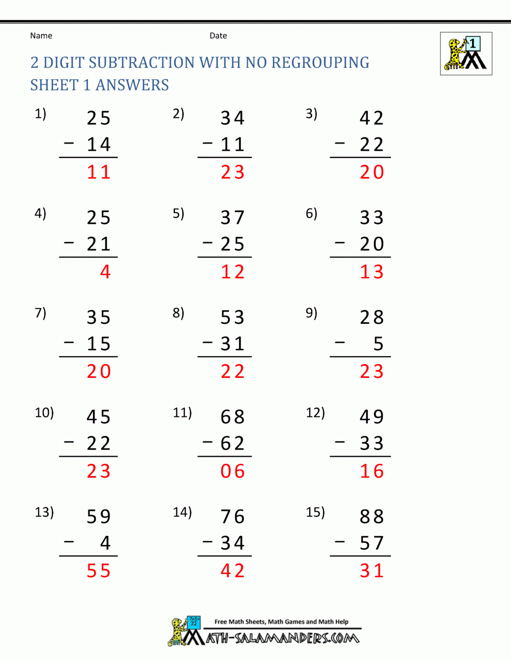 Two Digit Subtraction Without Regrouping