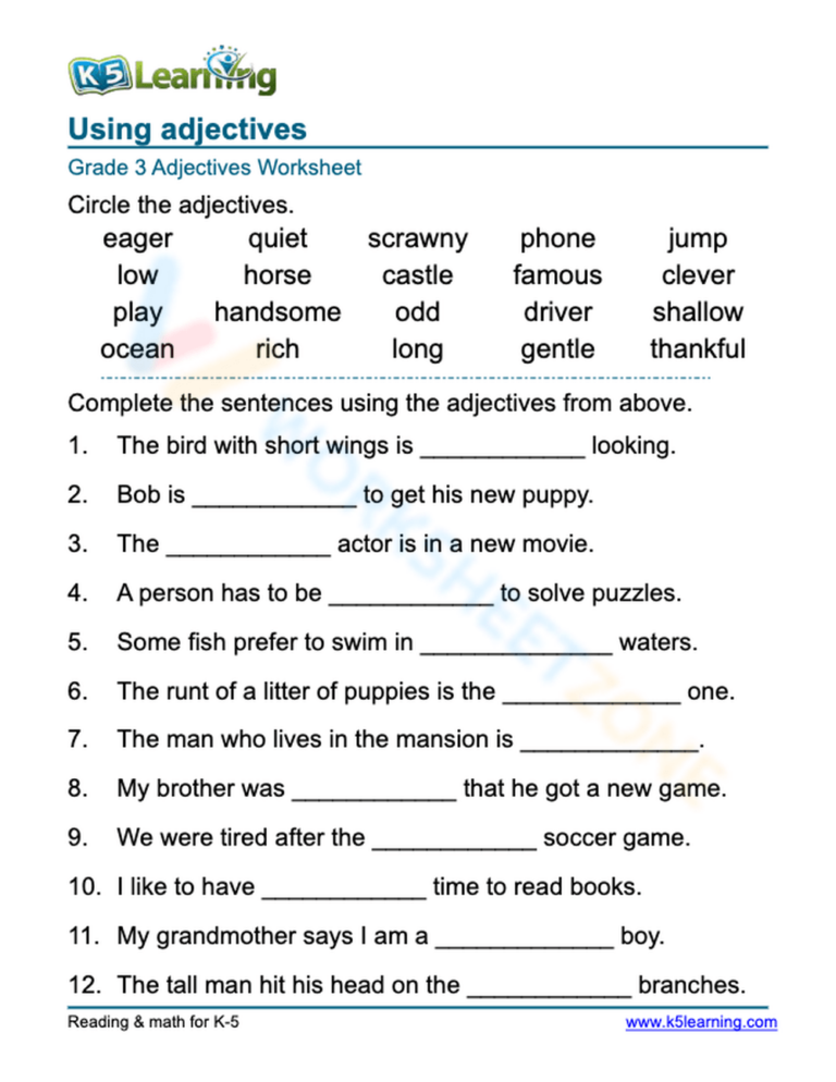 Using Adjectives 5 Worksheet Worksheets Library