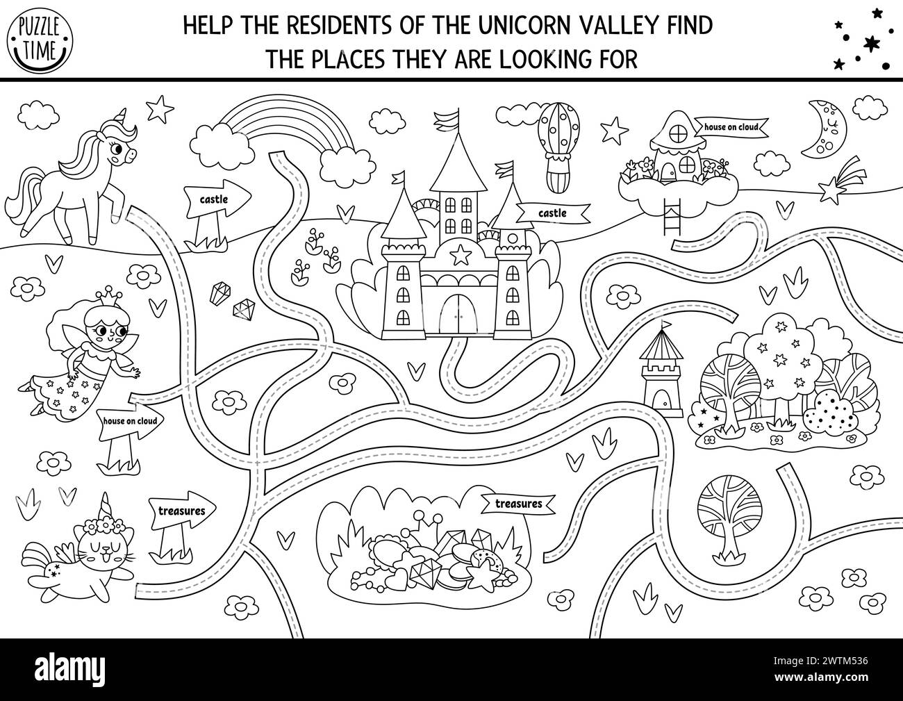 Vector Handwriting And Maze Worksheet With Unicorn Fairy Cat Vector Handwriting And Maze Worksheet With Unicorn Fairy Cat