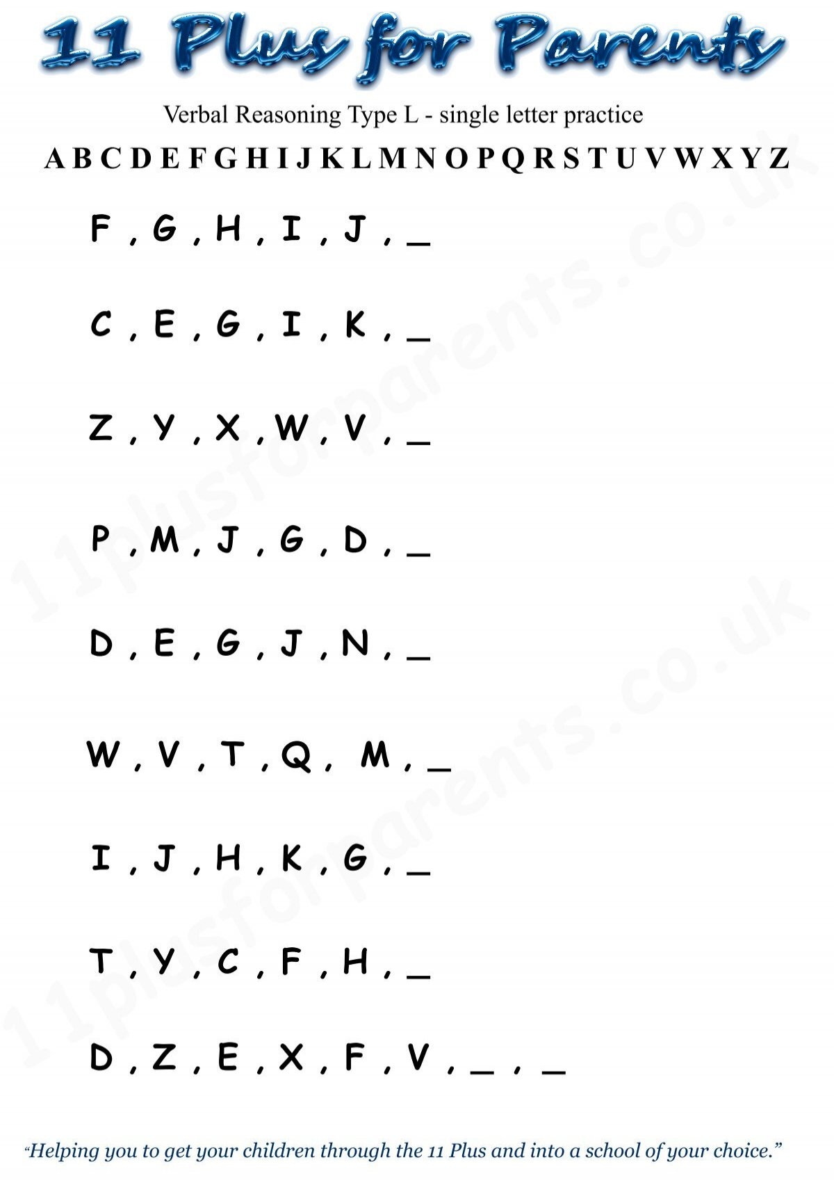 Verbal Reasoning Type L Single Letter Worksheet Guide For The 11 