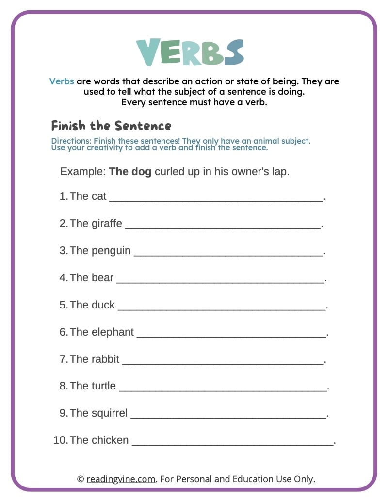 Verbs Worksheets ReadingVine