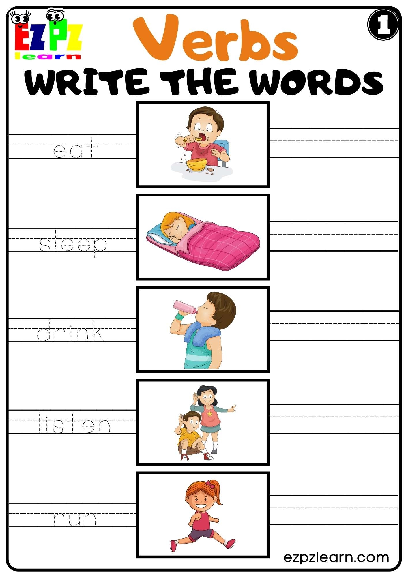 Verbs Write The Words Worksheet For ESL And Home Schooling Kindergarten Set 1 Free PDF Download Ezpzlearn