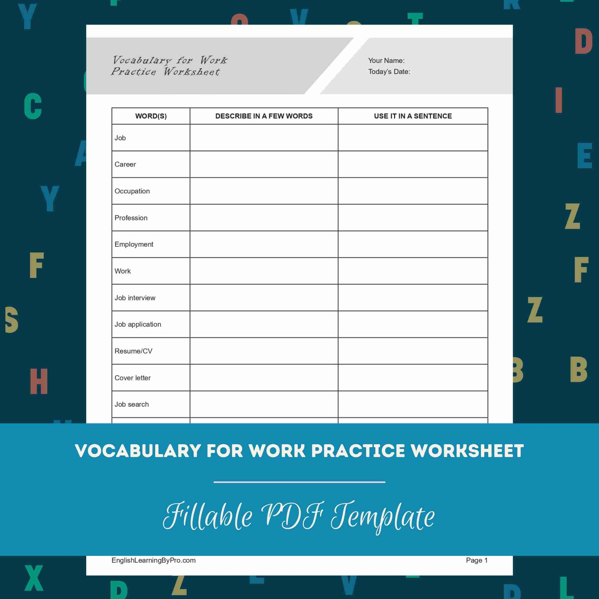 Vocabulary For Work Practice Worksheet Editable Fillable Printable PDF EnglishLearningByPro