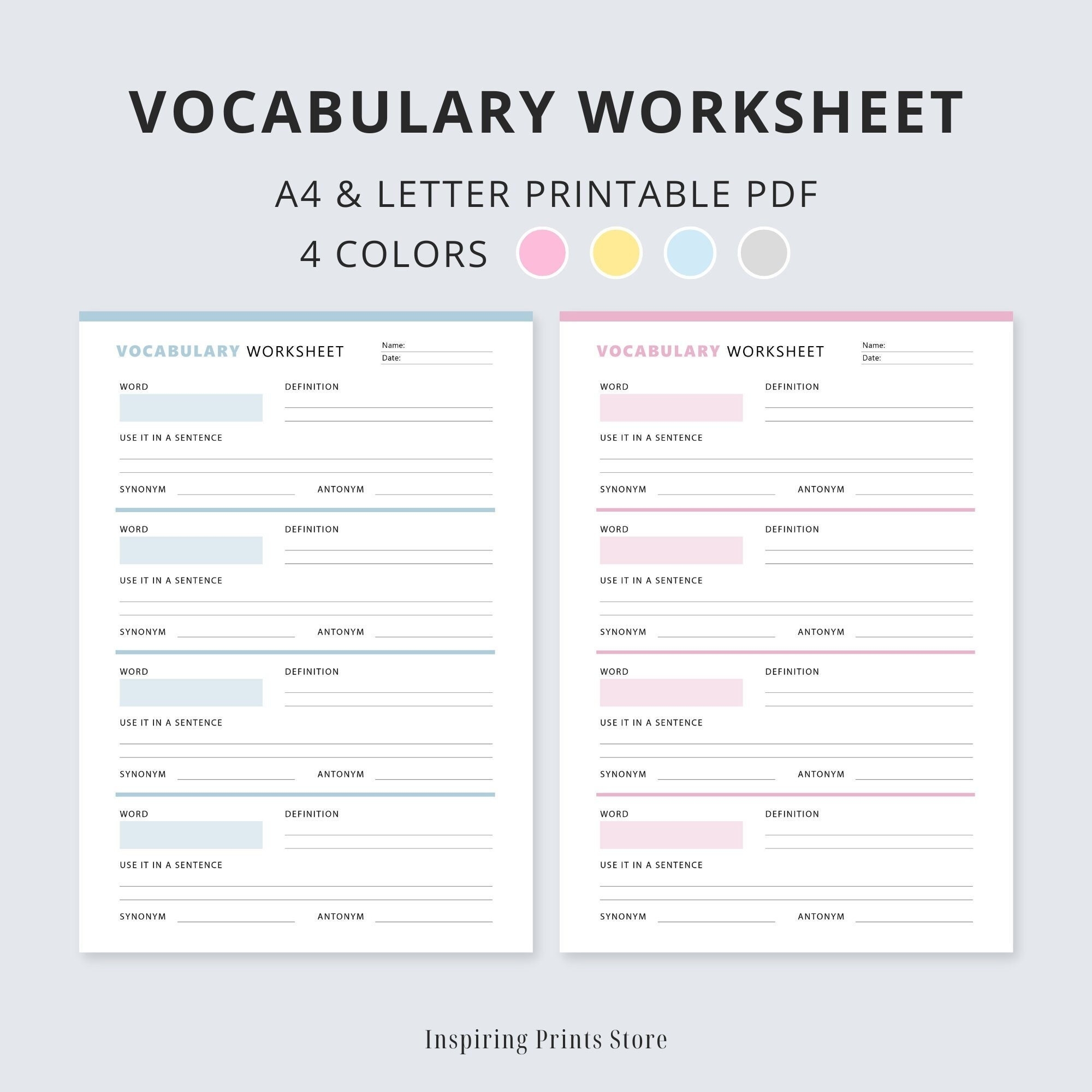 Vocabulary Worksheet Printable Vocabulary Practice Sheet Language Learning Template Word Definition Sentence Synonym Antonym PDF Etsy