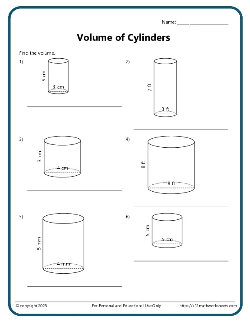 Volume And Surface Area Of Cylinders K12 Math Worksheets