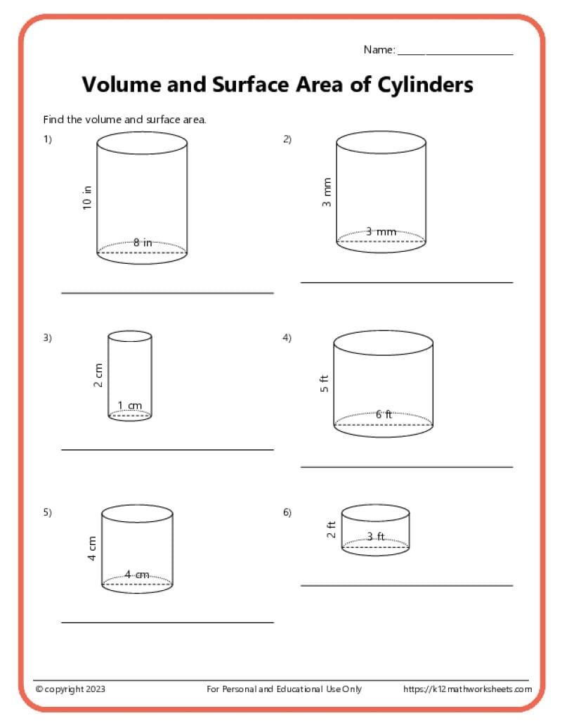 Volume And Surface Area Of Cylinders K12 Math Worksheets Volume And Surface Area Of Cylinders K12 Math Worksheets