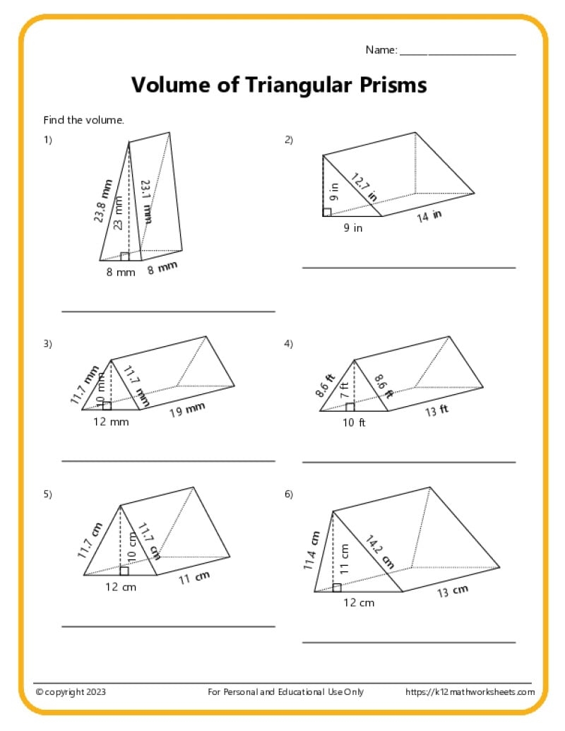 Volume And Surface Area Of Triangular Prisms K12 Math Worksheets