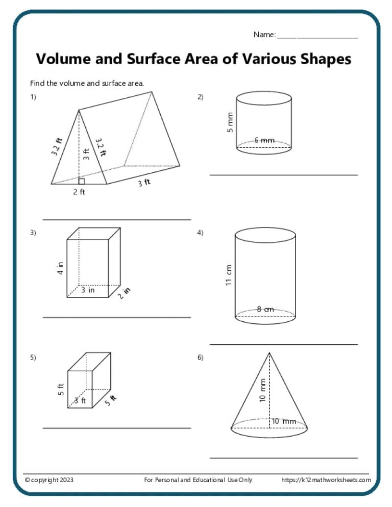 Volume And Surface Area Of Various Shapes K12 Math Worksheets