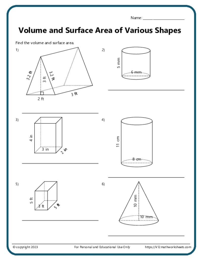 Volume And Surface Area Of Various Shapes K12 Math Worksheets