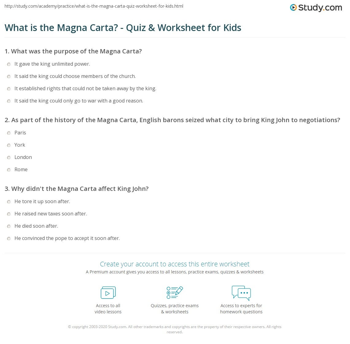 What Is The Magna Carta Quiz Worksheet For Kids Study