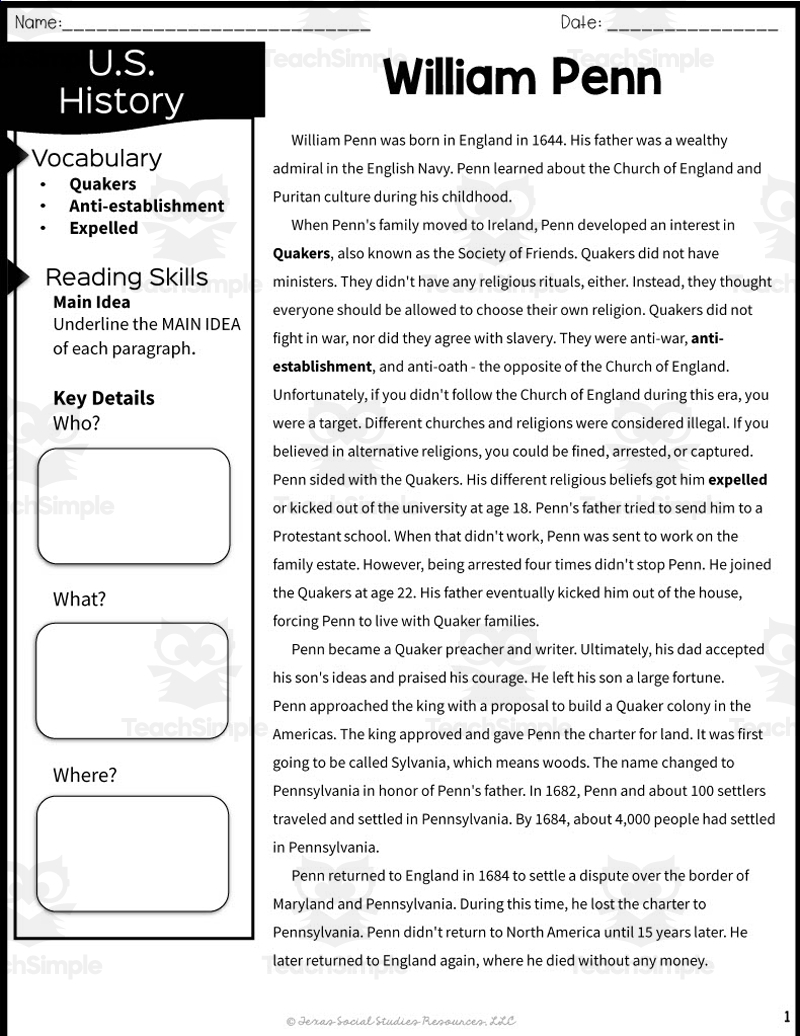 Free Printable Pennsylvania History Worksheets