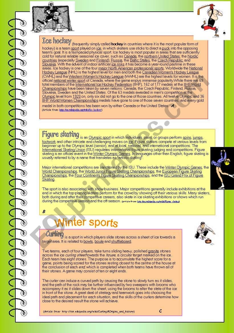 Winter Sports Reading Comprehension ESL Worksheet By Bybyana