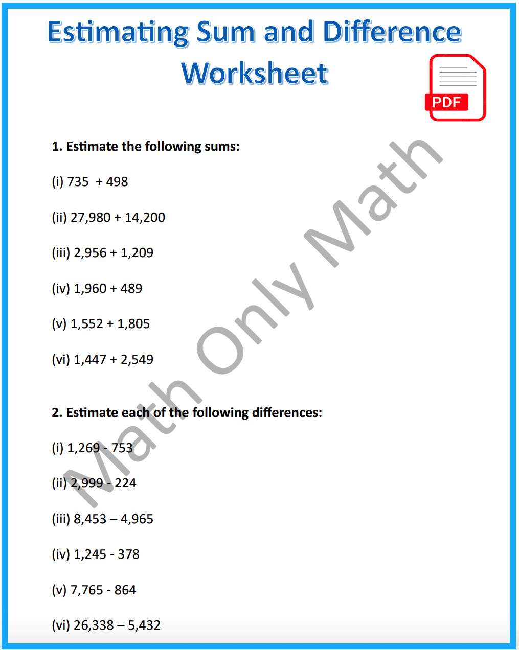 Worksheet On Estimating Sums And Differences Find The Estimated Sum