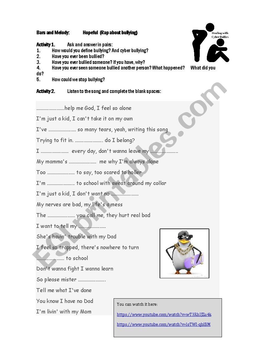 Write A Rap Song Bullying Rap ESL Worksheet By Rjv3333