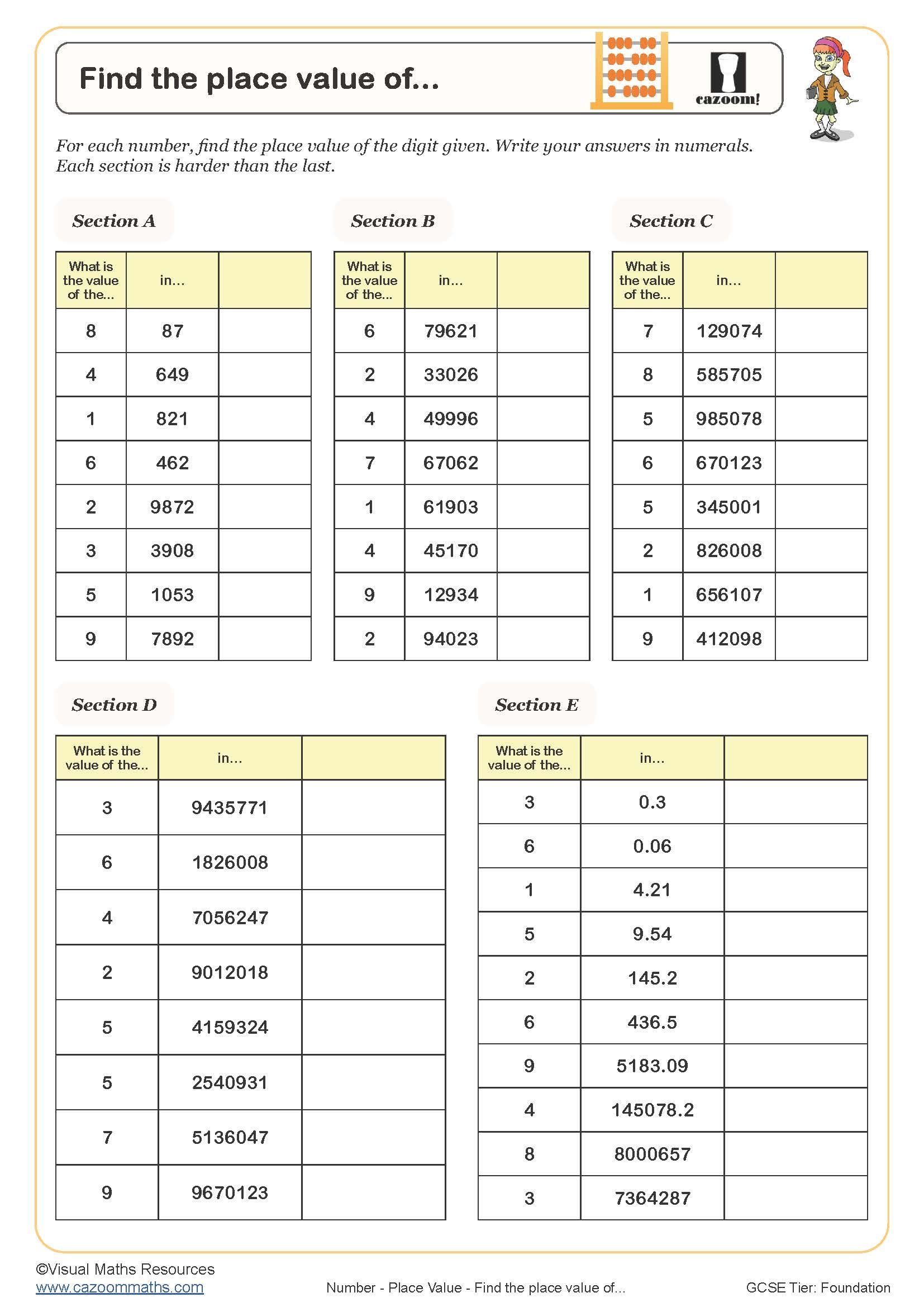 Free Place Value Worksheets Grade 7