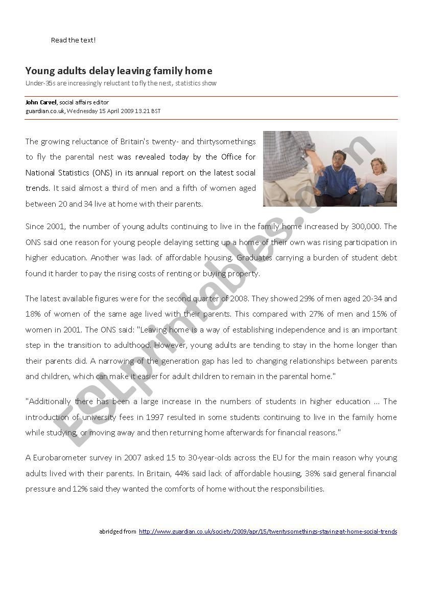 Young Adults Today Reading comprehension text exercises ESL Worksheet By Sass Young Adults Today Reading comprehension text exercises ESL Worksheet By Sass