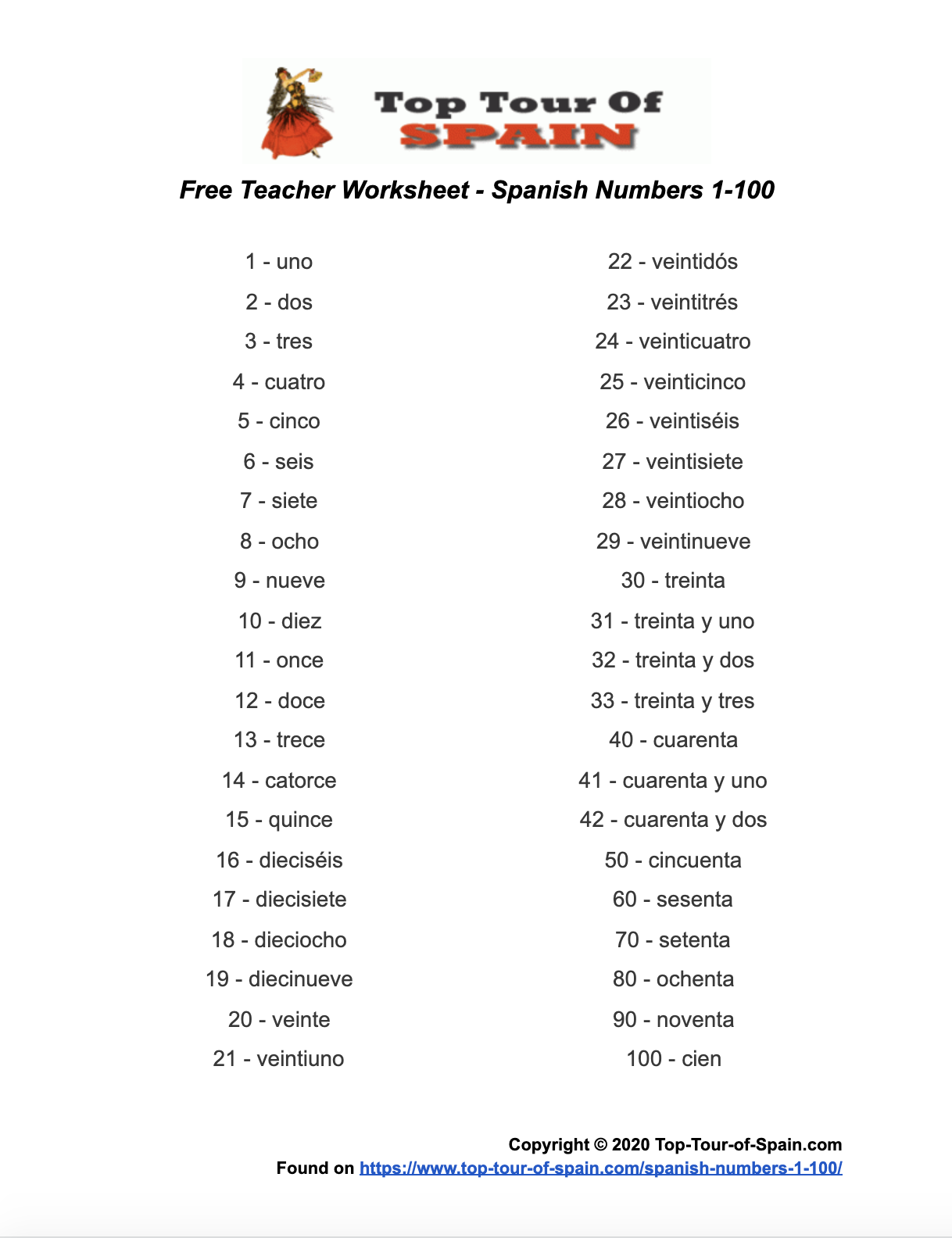 Printable Spanish Numbers Worksheet 1 100 Printable Spanish Numbers Worksheet 1 100