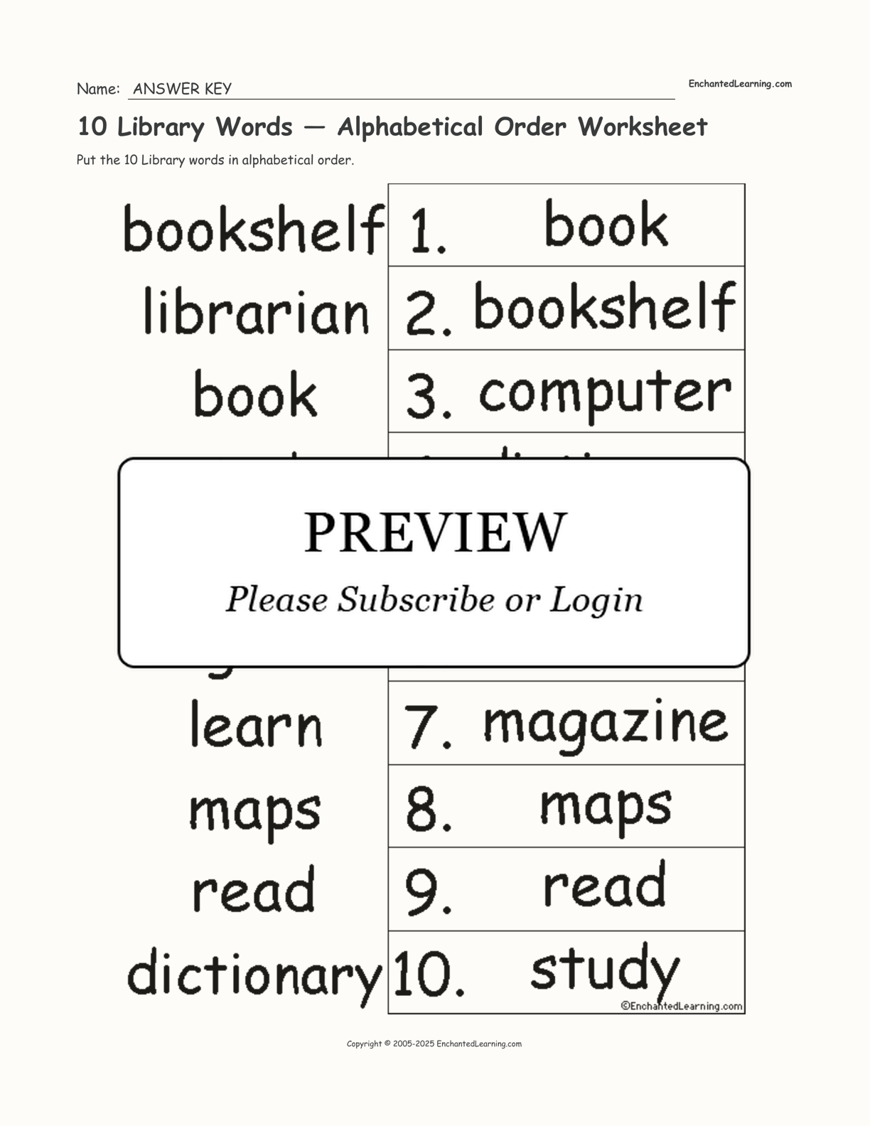 10 Library Words Alphabetical Order Worksheet Enchanted Learning